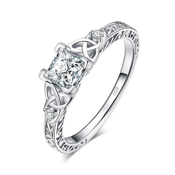 Infinity Knot Ring - Princess Cut Crystal Solitaire with Celtic Design in White Gold