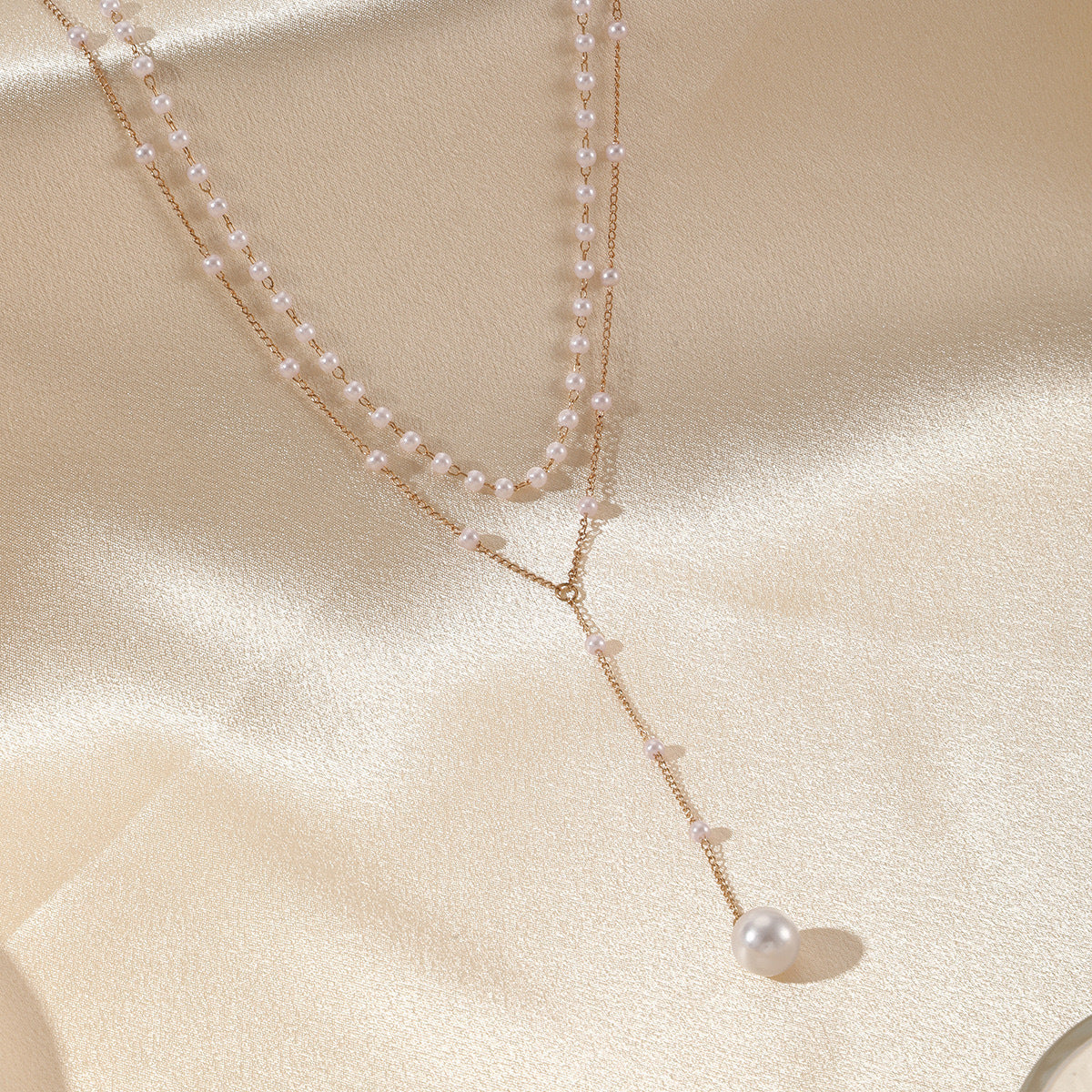 Layered Pearl Necklace Set - Gold Chain with Pearl Choker and Y-Drop Lariat