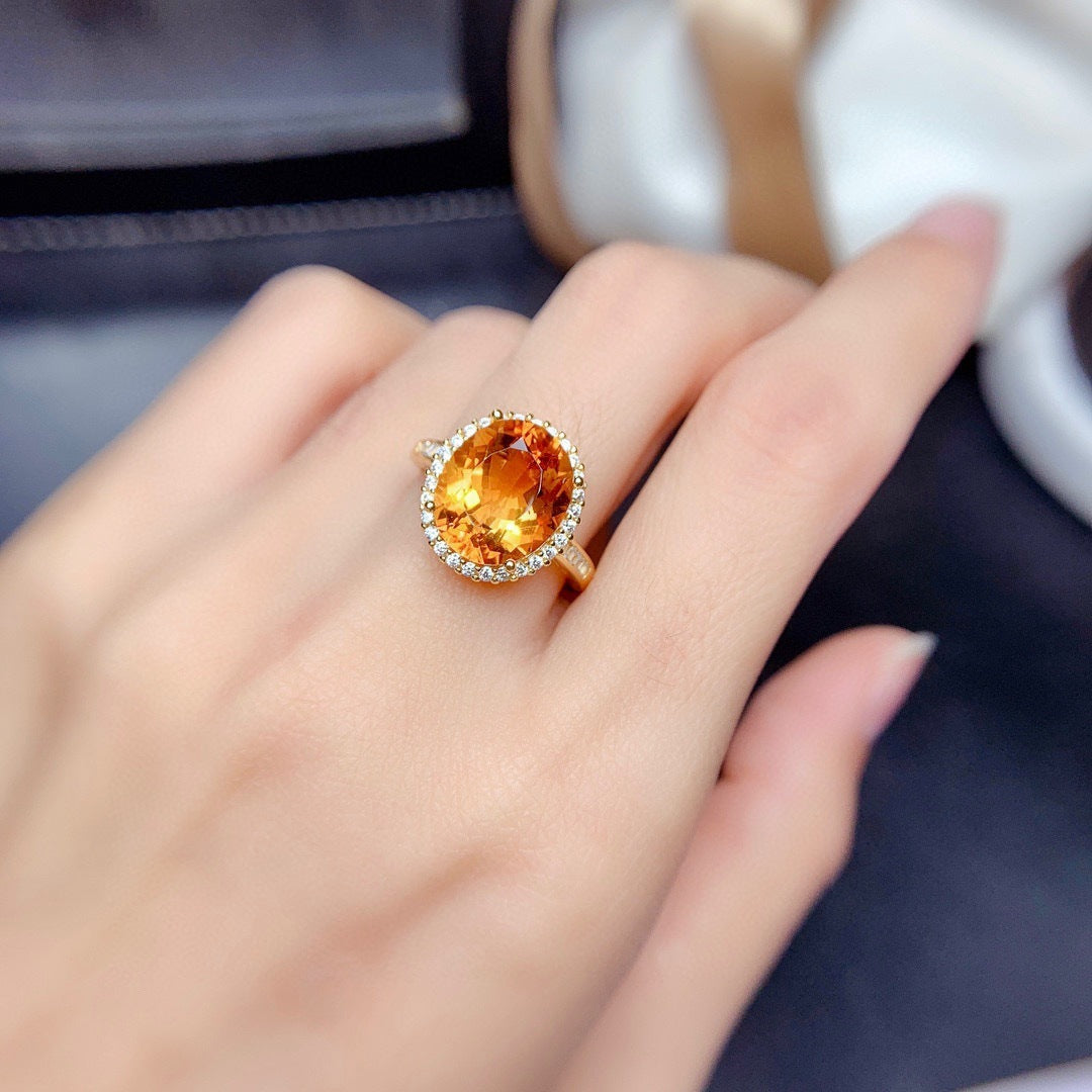 Citrine Crystal Ring - Gold Halo Ring with Oval Yellow Stone and Adjustable Band