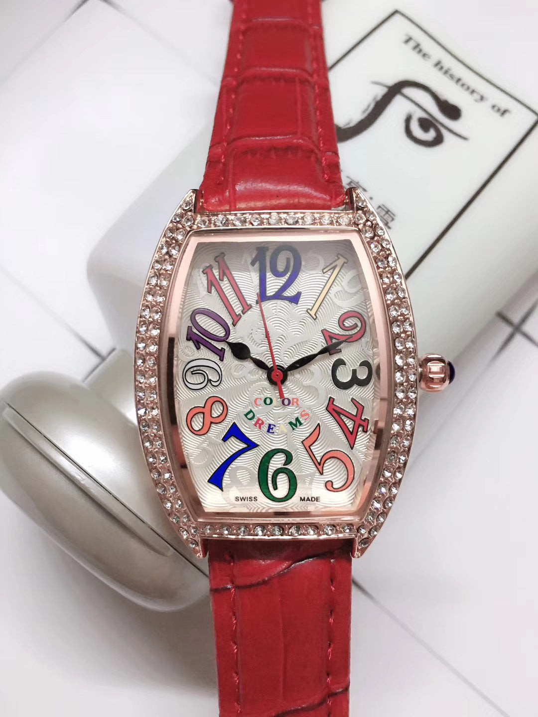 Crystal Barrel Watch - Colorful Rhinestone Bezel Watch with Leather Strap