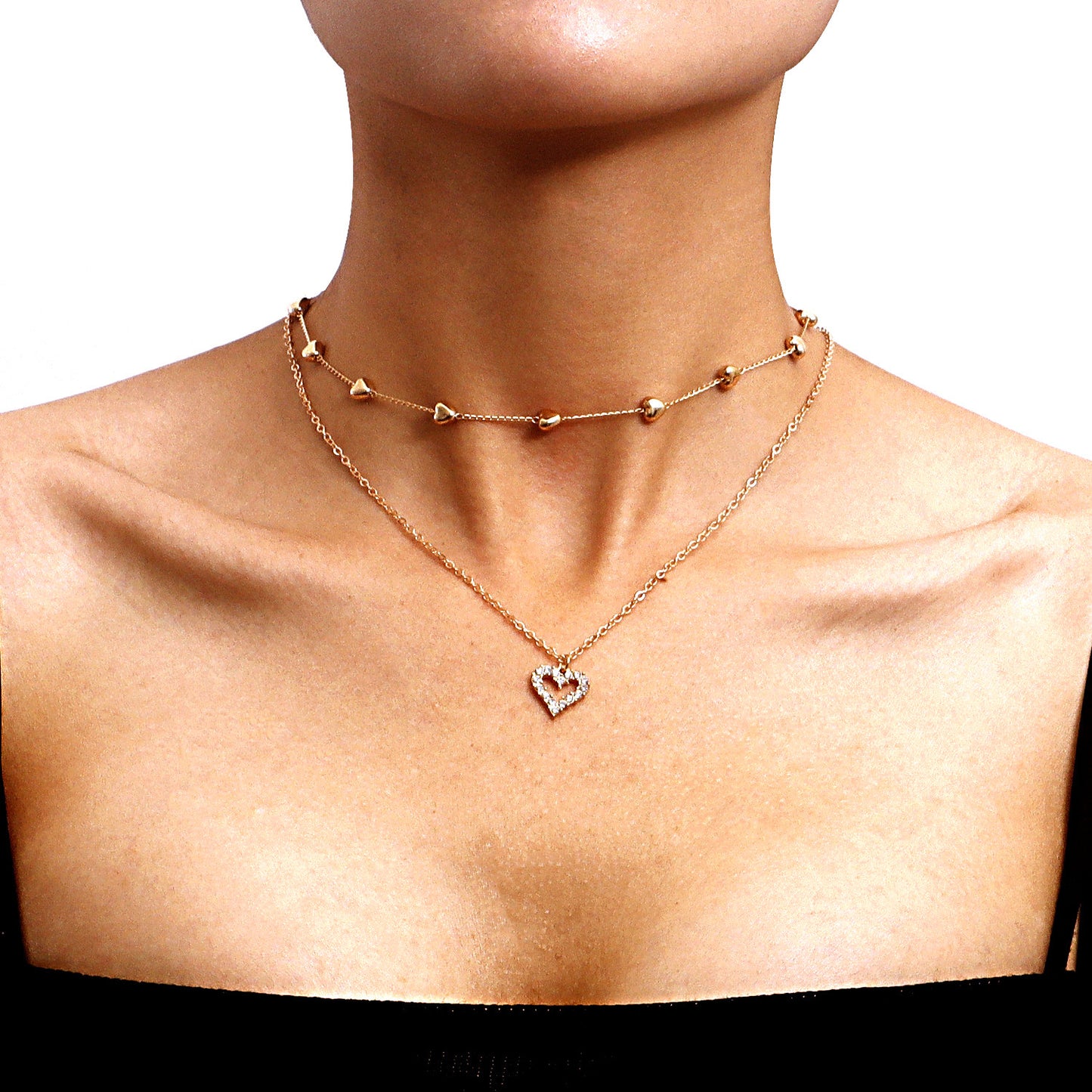 Layered Heart Necklace Set - Rose Gold Chain with Crystal Heart Pendant and Beaded Choker