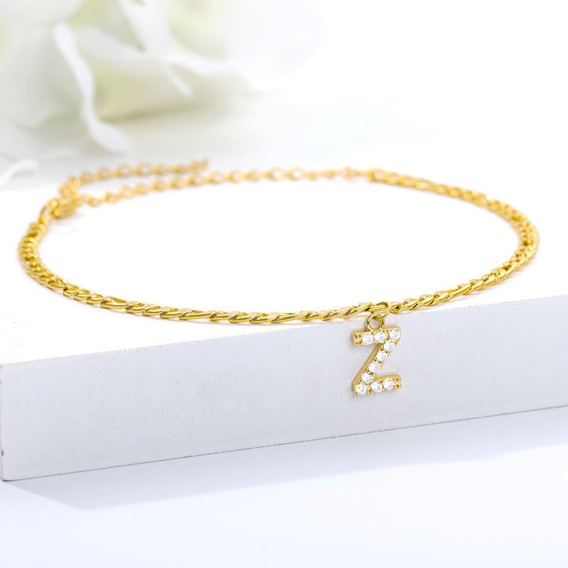 Crystal Initial Anklet - Gold or Silver Figaro Chain with Letter Charm (A-Z)