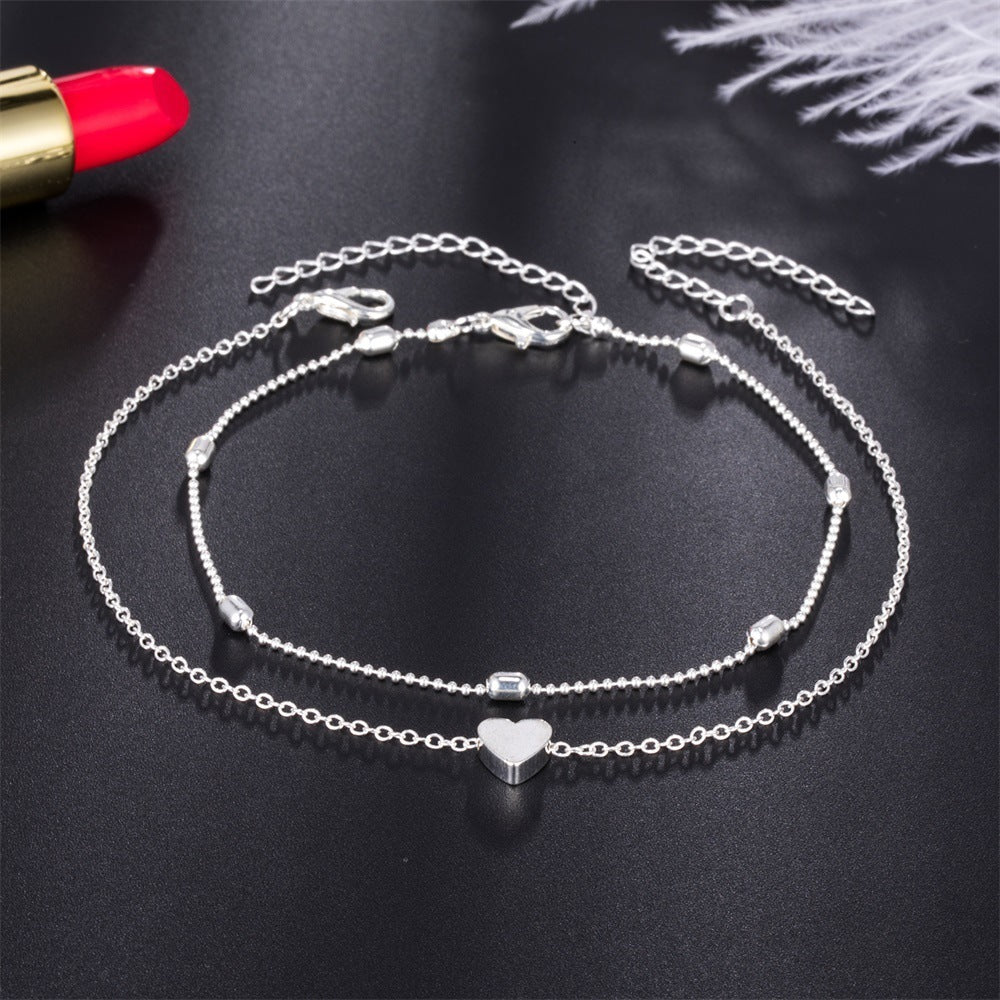Layered Heart Anklet Set - Beaded Anklet with Heart Charm