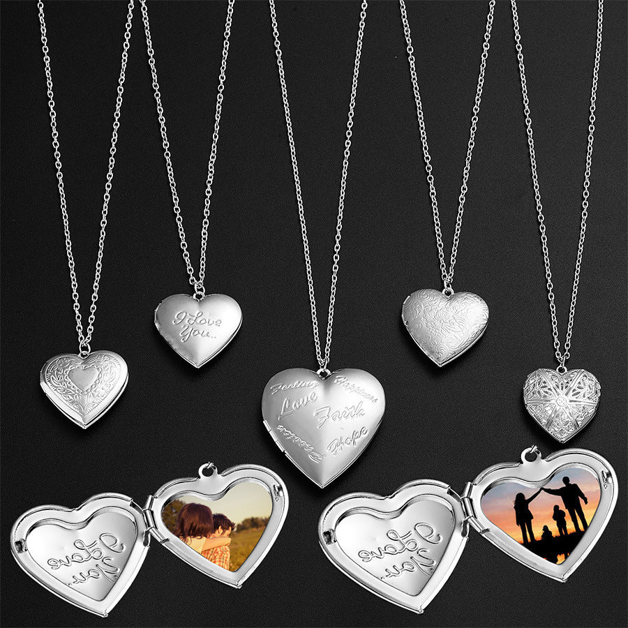 Heart Locket Necklace - Opening Photo Pendant with Multiple Engraved Patterns (5 Styles)