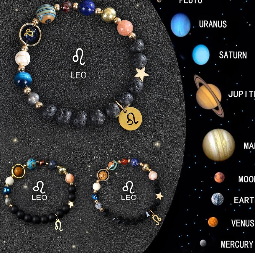 Solar System Zodiac Bracelet - Planet Bead Bracelet with Astrological Sign Charm (12 Signs Available)