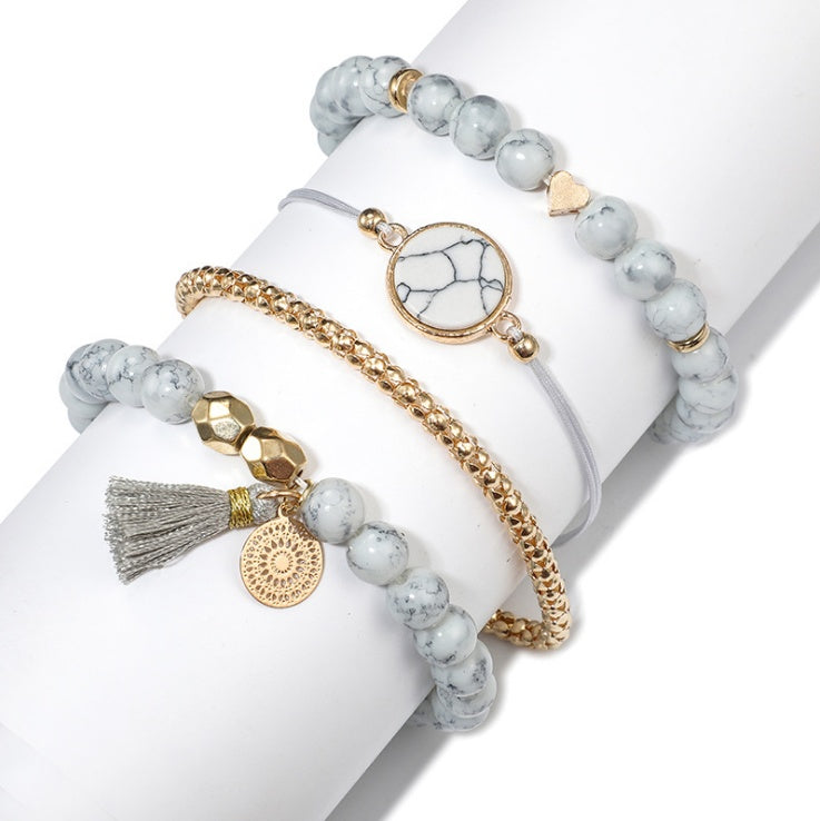 Marble Bead Bracelet Set - 4-Piece Stack with White Howlite Beads and Mixed Charms