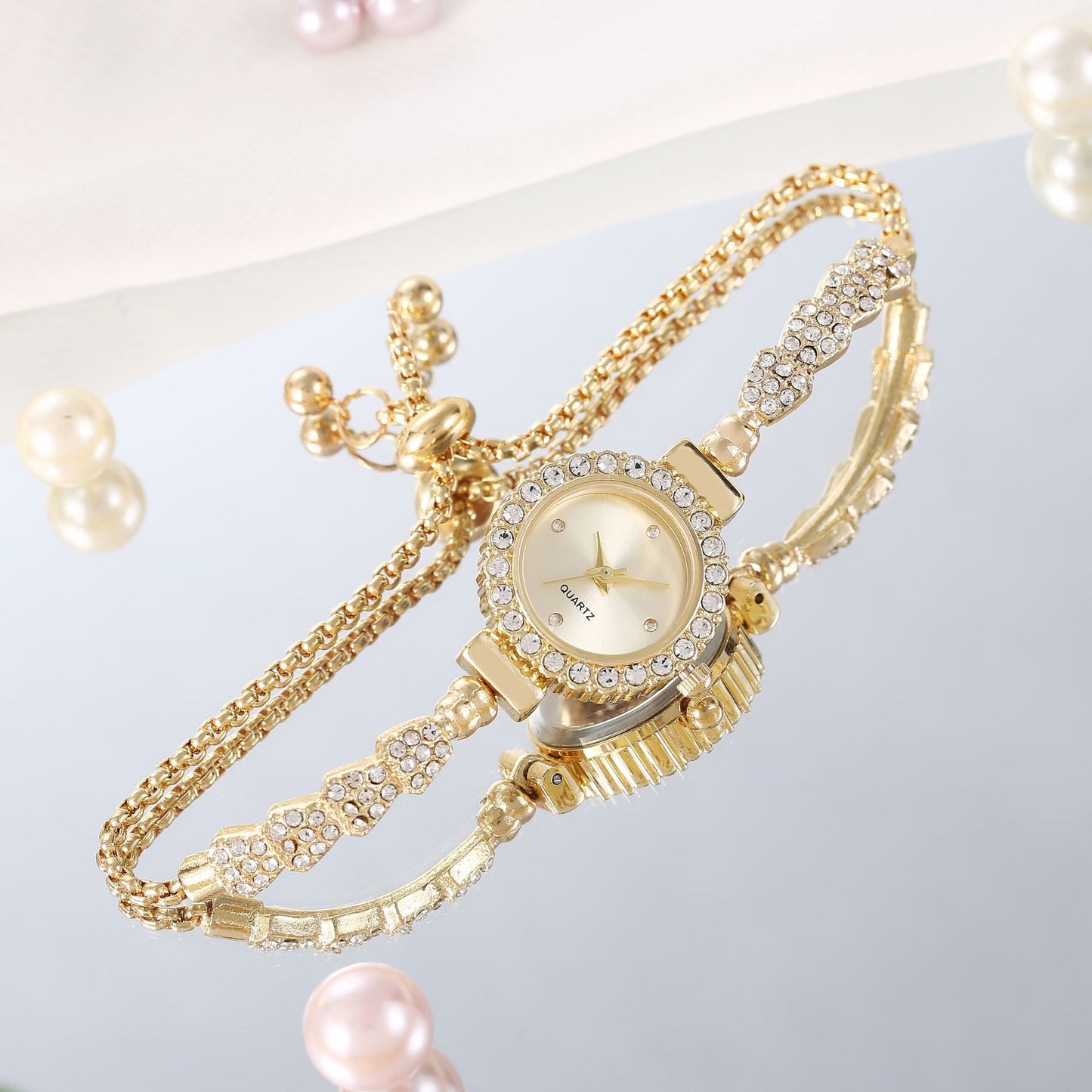 Crystal Bracelet Watch - Double Strand Chain Watch with Round Crystal Face (6 Colors)