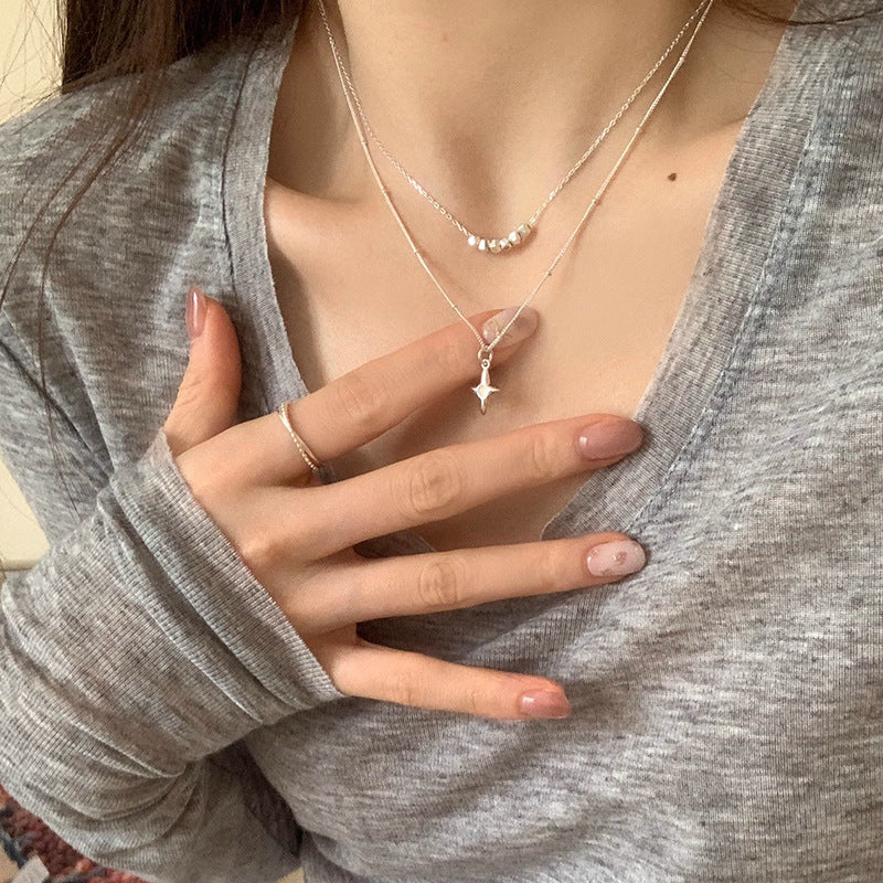 Geometric Star Necklace Set - Layered Silver Chain Necklace with Crystal Beads (2 Layers)