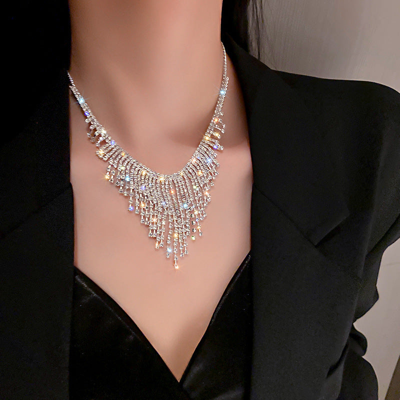 Cascading Crystal Tassel Necklace - Waterfall Fringe Statement Necklace in Silver