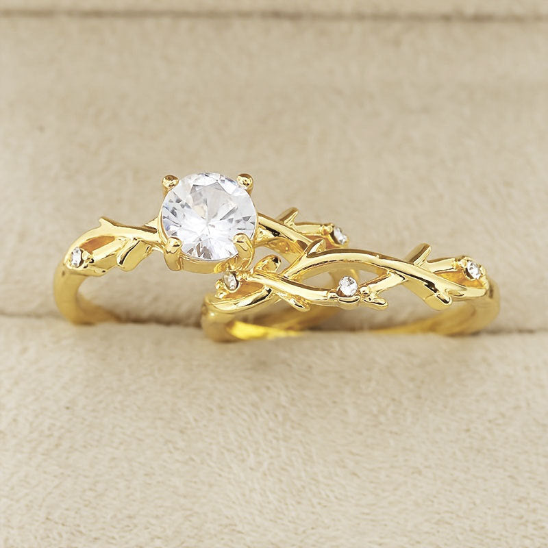 Botanical Ring Set - Gold Leaf Design Band and Solitaire Crystal Ring (2 Pieces)