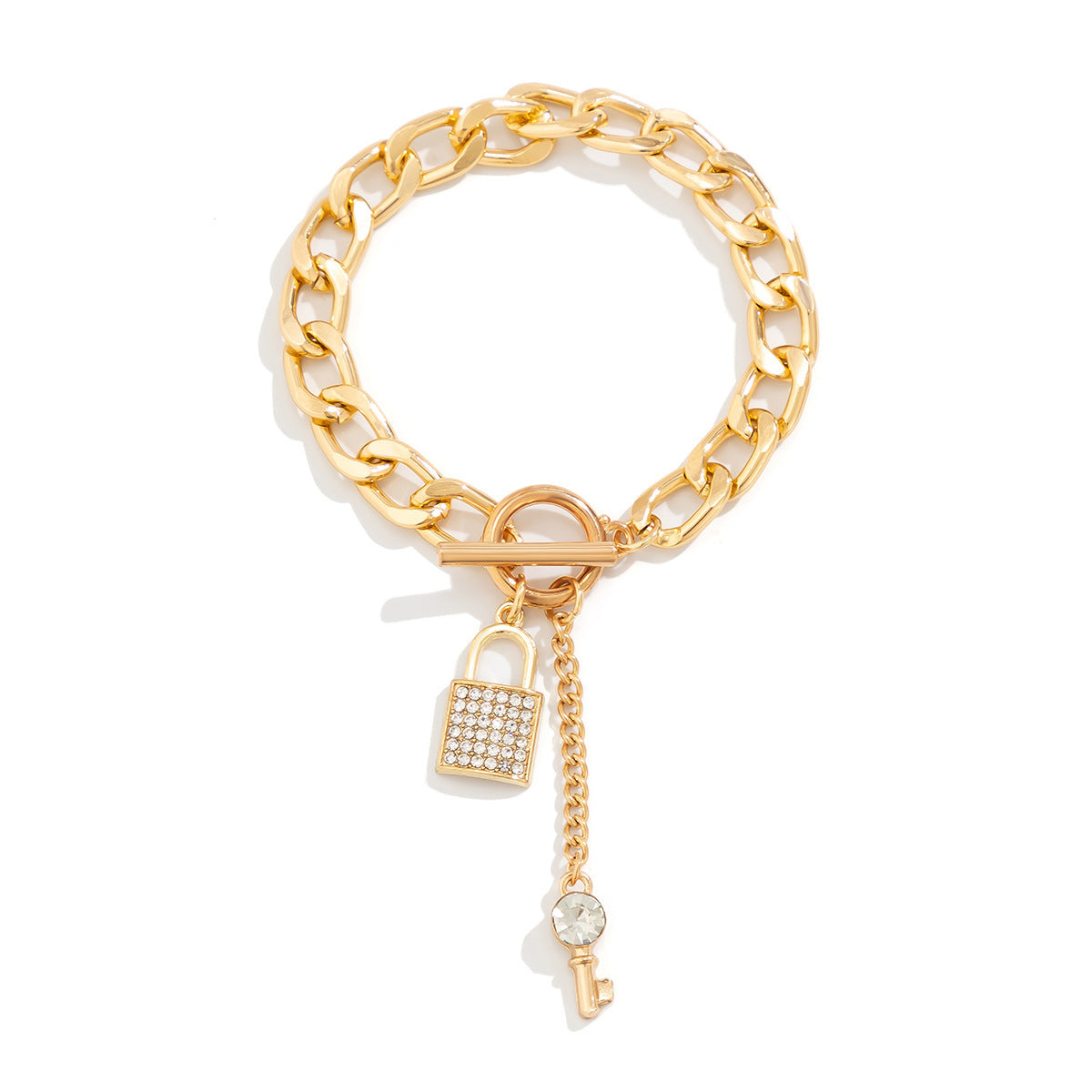 Chunky Chain Set with Lock Charms - Toggle Necklace and Bracelet with Key and Padlock Pendants