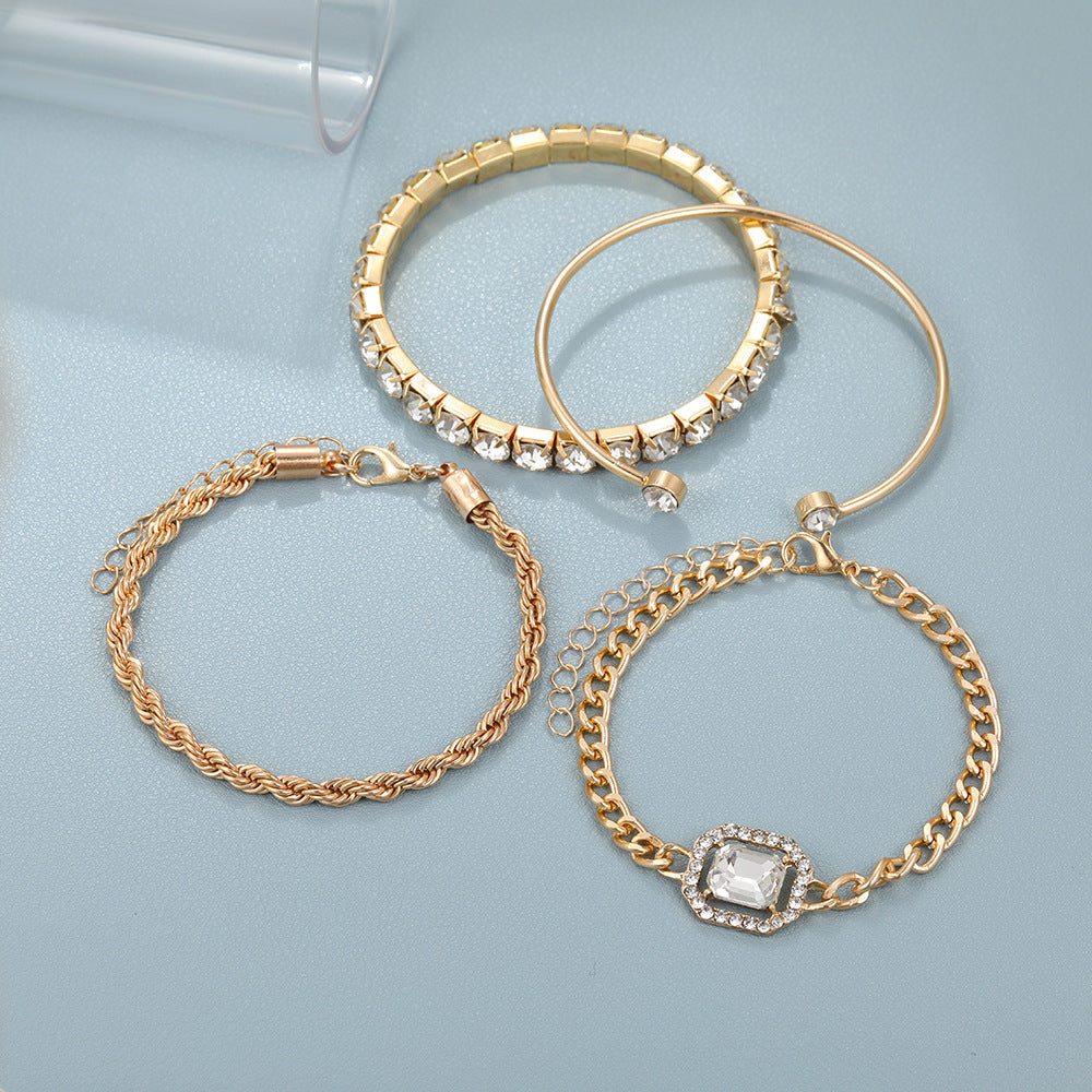 Gold Bracelet Stack Set - 4-Piece Crystal Bangle & Chain Bracelet Set