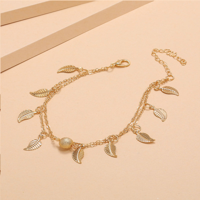 Gold Leaf Charm Anklet - Layered Chain Anklet with Dangling Leaf Charms