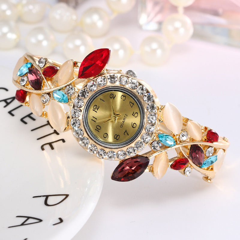 Crystal Floral Bangle Watch - Gemstone Flower Bracelet Watch with Rhinestone Bezel