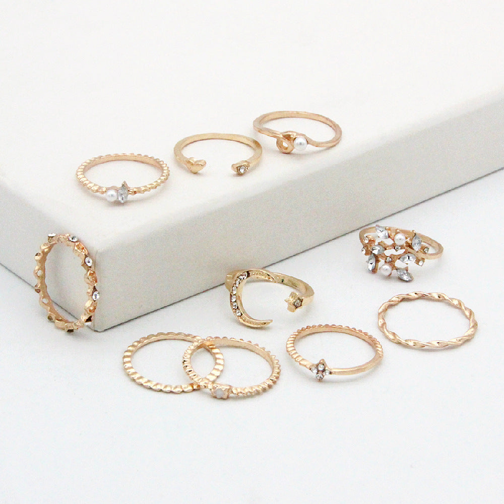 Celestial Ring Set - 10-Piece Gold Stacking Rings with Moon, Star and Crystal Accents