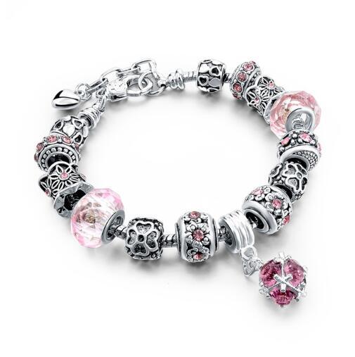 Crystal Charm Bracelet - Silver Bead Bracelet with Heart Charm (7 Styles)