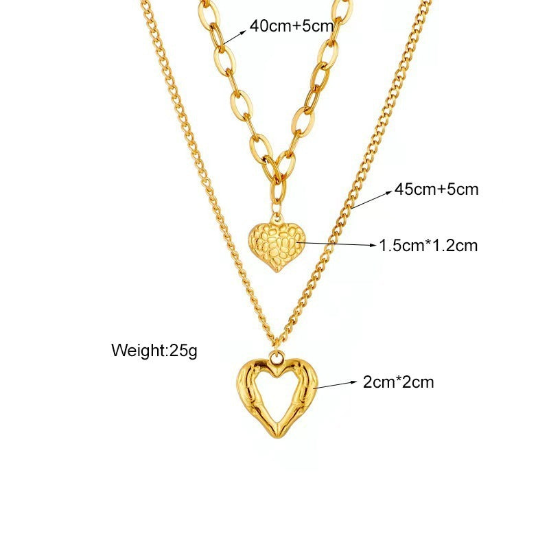 gold angel wings heart 2 piece necklace set on white background with necklace measurment