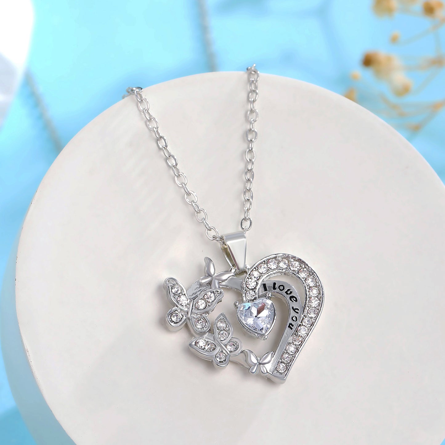 Crystal Heart Butterfly Necklace - "I Love You" Engraved Pendant in 3 Colors