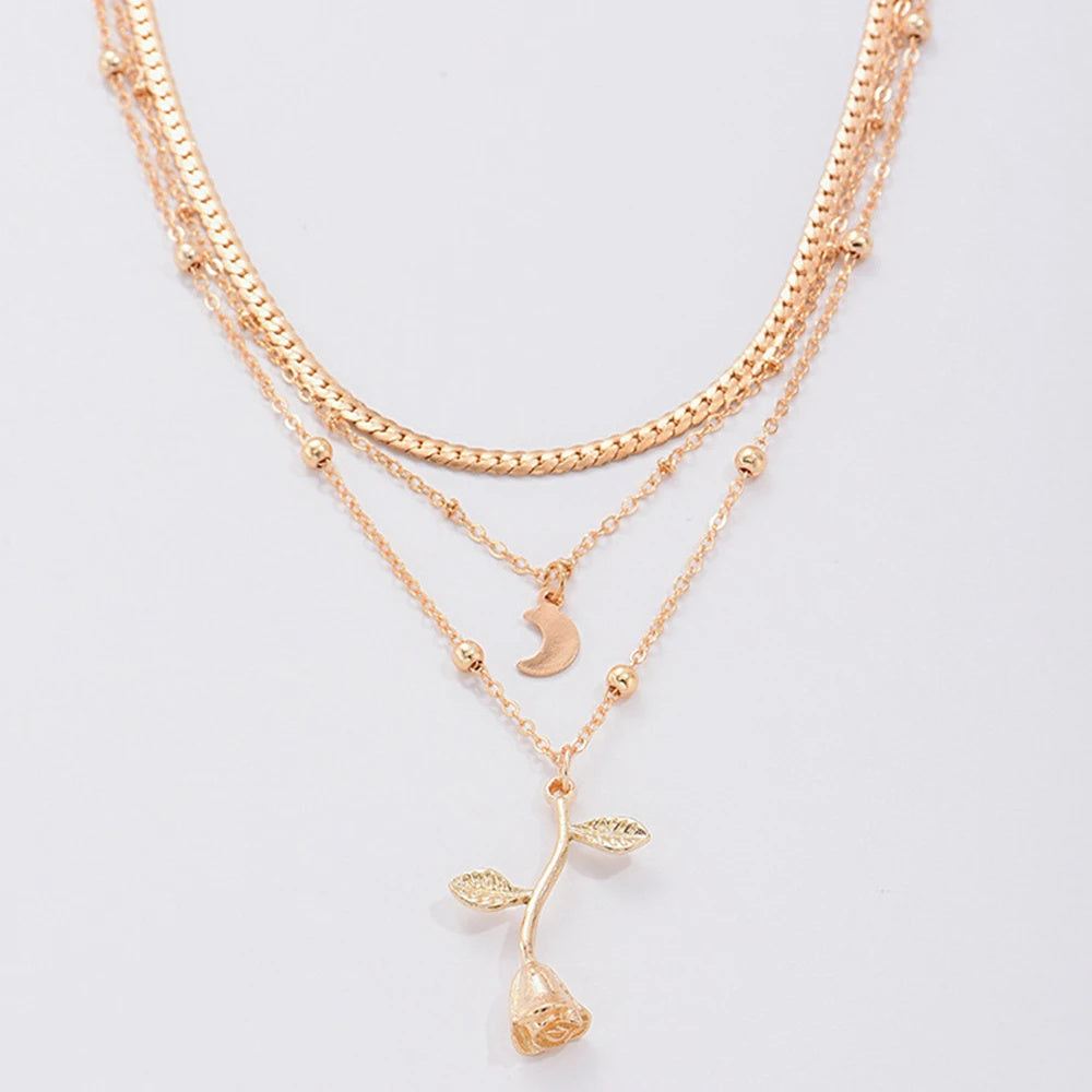 Gold Layering Necklace Set - Multi-Strand Chain with Rose and Crescent Moon Pendants
