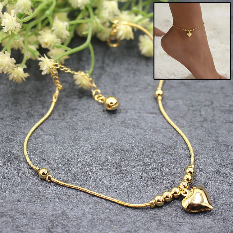 Gold Heart Anklet - Delicate Beaded Chain Anklet with Heart Charm Pendant