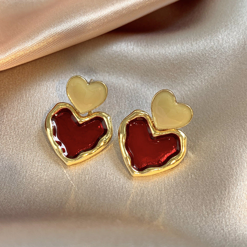 Red & Gold Heart Stud Earrings - Double Layer Heart Post Earrings with Enamel