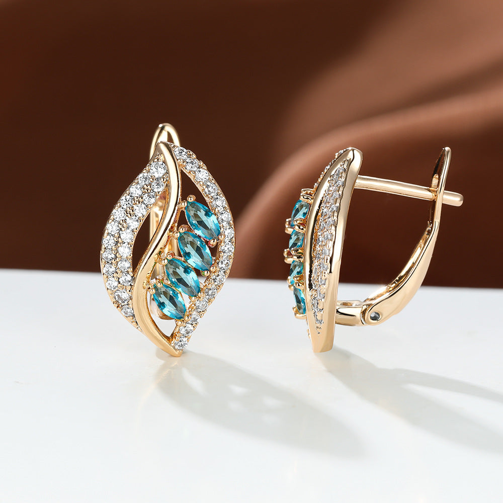 Crystal Leaf Earrings - Gold Hoop-Stud Earrings with Colorful Gemstone Leaf Design