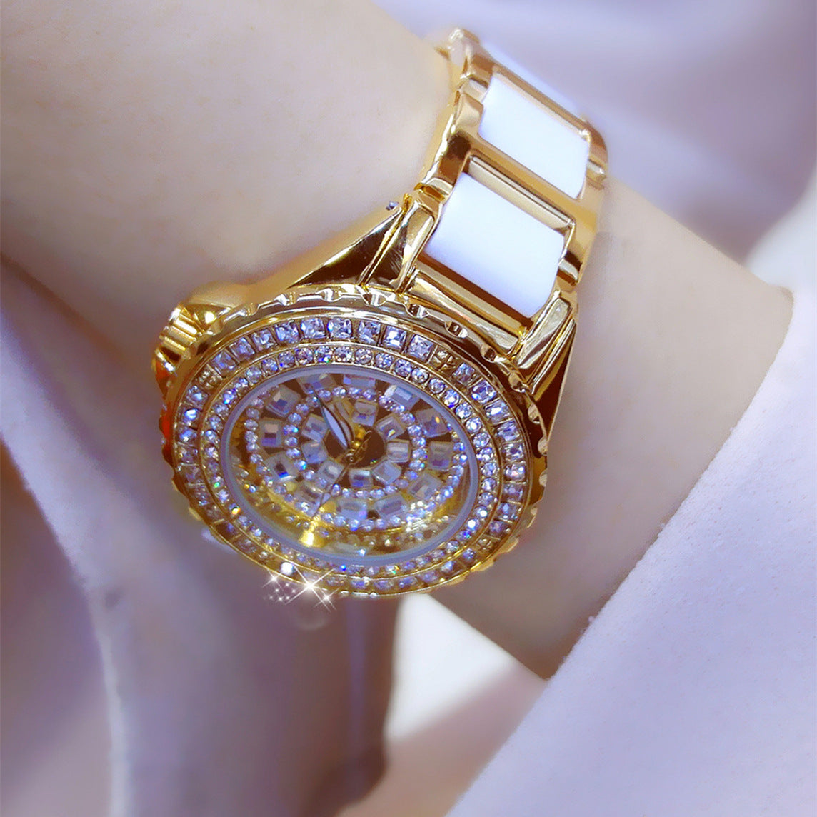 Crystal Bezel Watch - Luxury Women's Watch with Pavé Diamond Face and Metal Band (3 Colors)