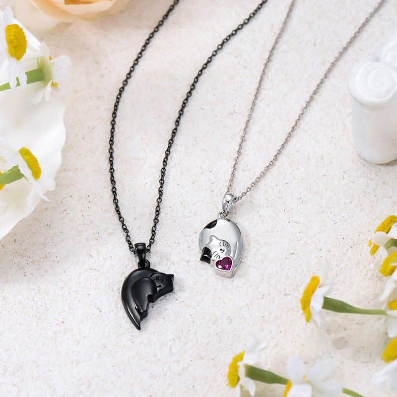 Couple Cat Necklace Set - His & Hers Matching Heart Pendant Necklaces with Crystal