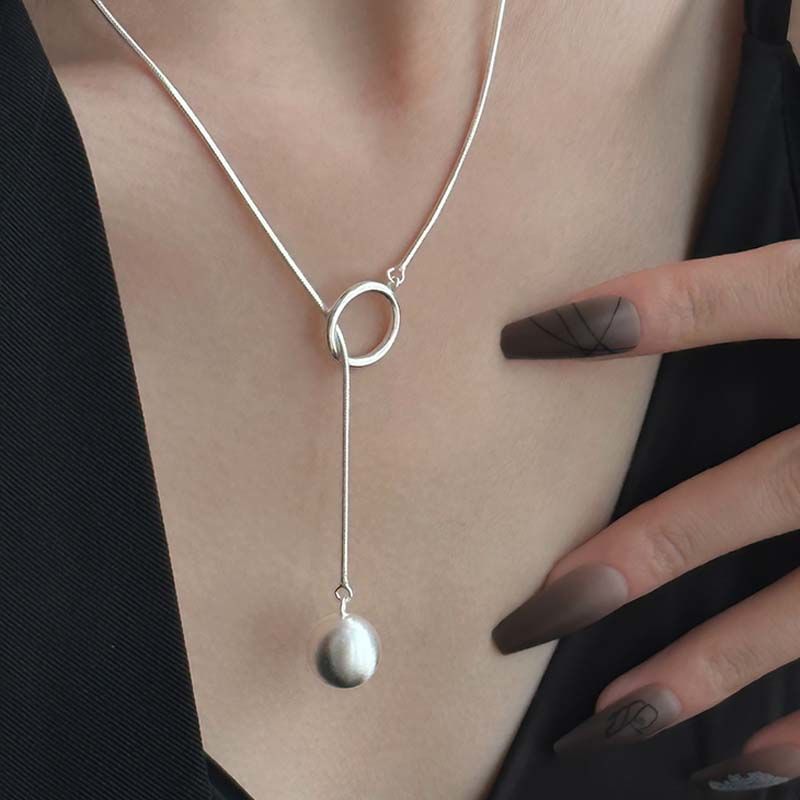 Silver Lariat Necklace - Circle Y-Drop Necklace with Ball Pendant on Snake Chain