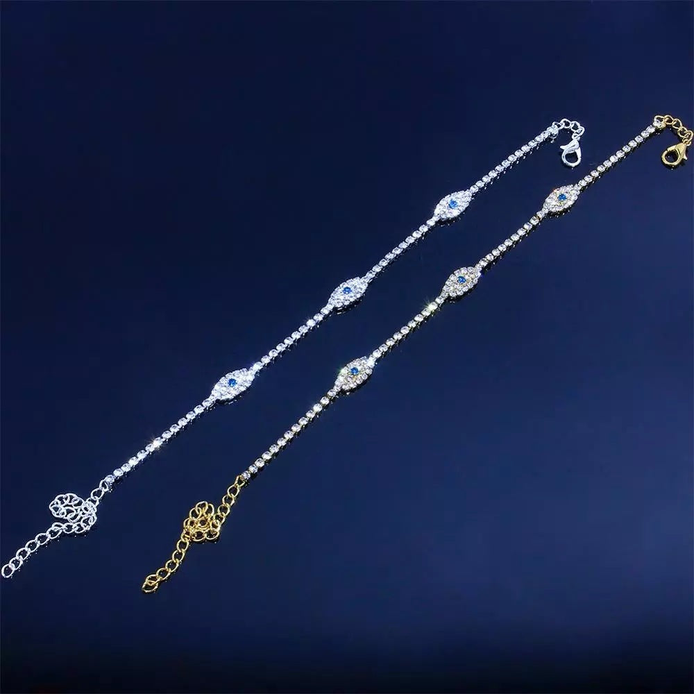 Delicate Crystal Anklet - Sparkling Rhinestone Chain Anklet with Blue Stone Accents
