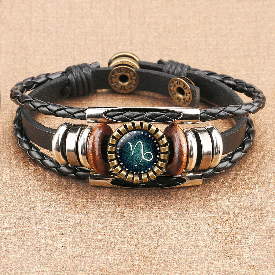 Zodiac Sign Leather Bracelet - Multi-Strand Braided Wrap with Glass Constellation Charm (12 Signs)