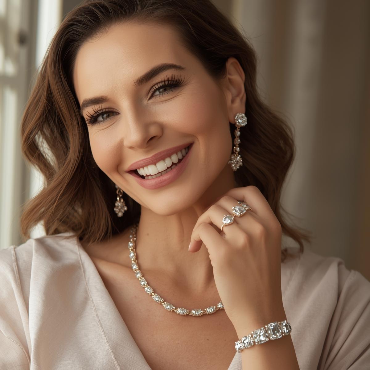 Elegant woman wearing popular bestselling jewelry pieces, genuine smile showing confidence. Timeless styling, natural lighting, relatable and approachable aesthetic, lifestyle photography, customer favorite pieces, trustworthy feel