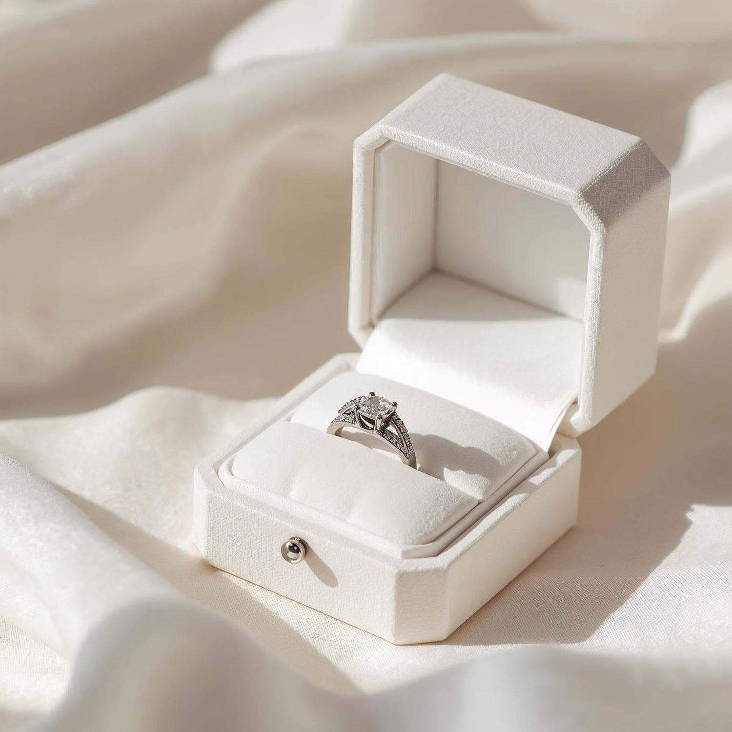 white jewelry box with a velvet-cushioned interior, showcasing a single, exquisitely crafted ring. The scene is bathed in soft, diffused light, emphasizing a luxurious and elegant presentation, reminiscent of high-end boutique packaging