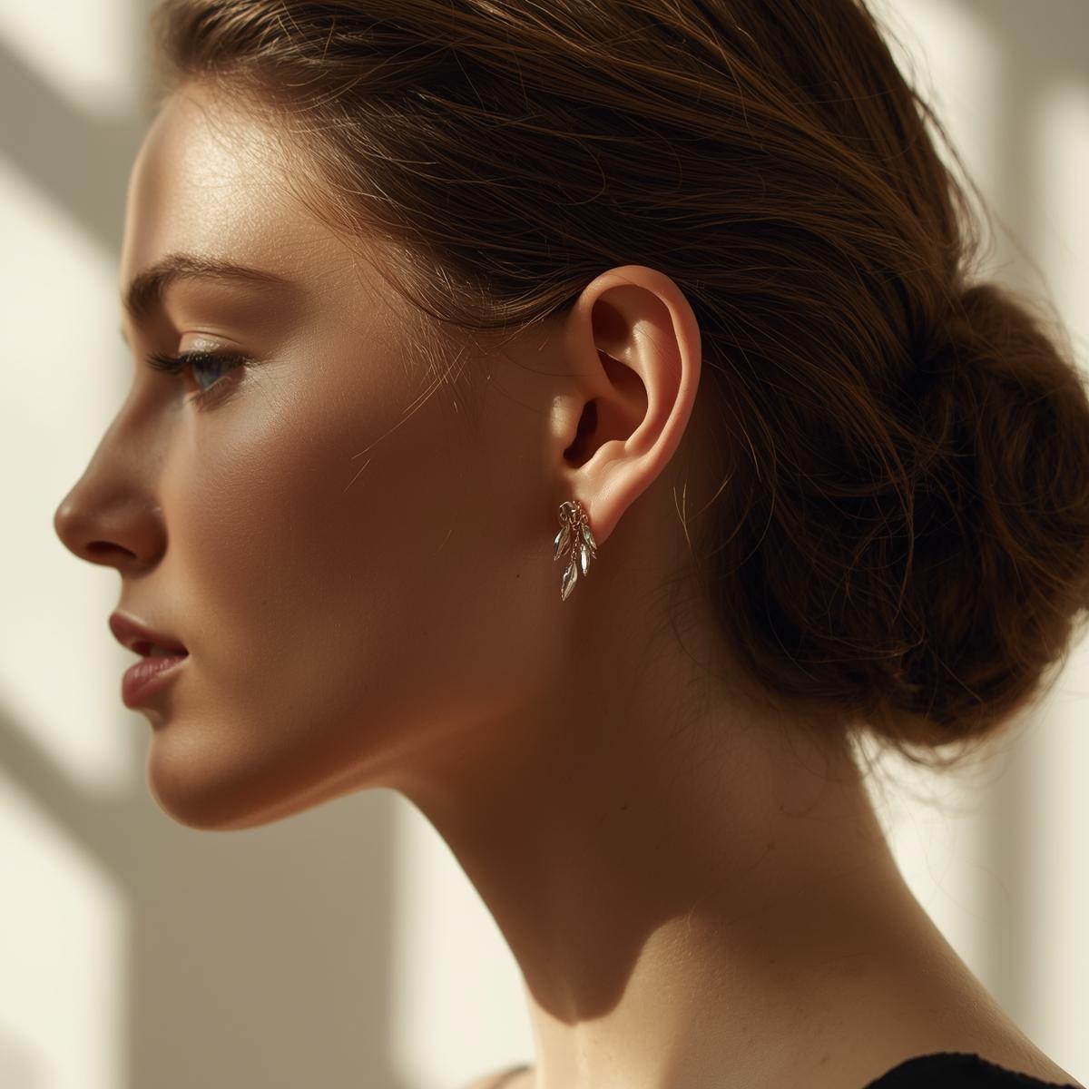 Side profile of woman with beautiful earrings, hair tucked behind ear showing jewelry. Soft natural lighting, elegant styling, fashion editorial photography, focus on earring details