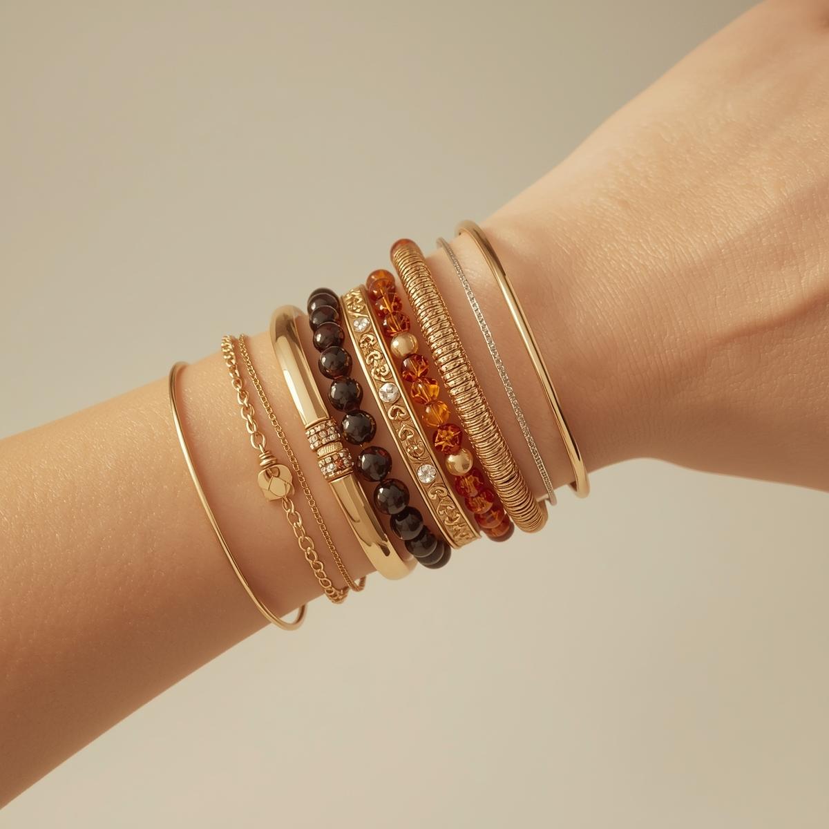 Stylish stacked bracelets and bangles on graceful wrist against neutral background. Mix of gold chain bracelets, beaded styles, and cuffs. Soft lighting, elegant hand positioning, professional jewelry photography