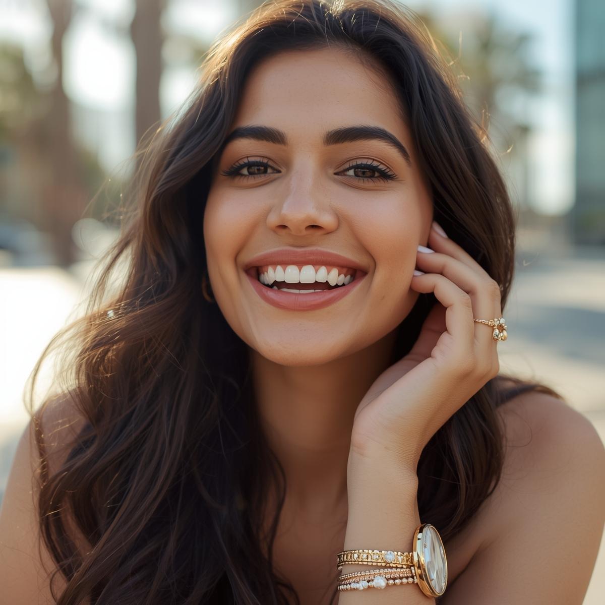 Young woman wearing trendy affordable jewelry, smiling and confident. Casual chic styling, bright natural lighting, relatable lifestyle photography, modern and approachable aesthetic