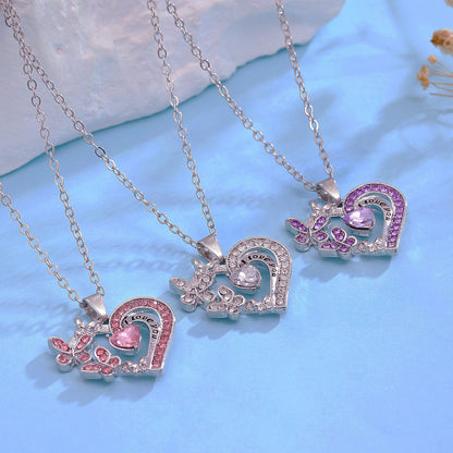 Crystal Heart Butterfly Necklace - "I Love You" Engraved Pendant in 3 Colors