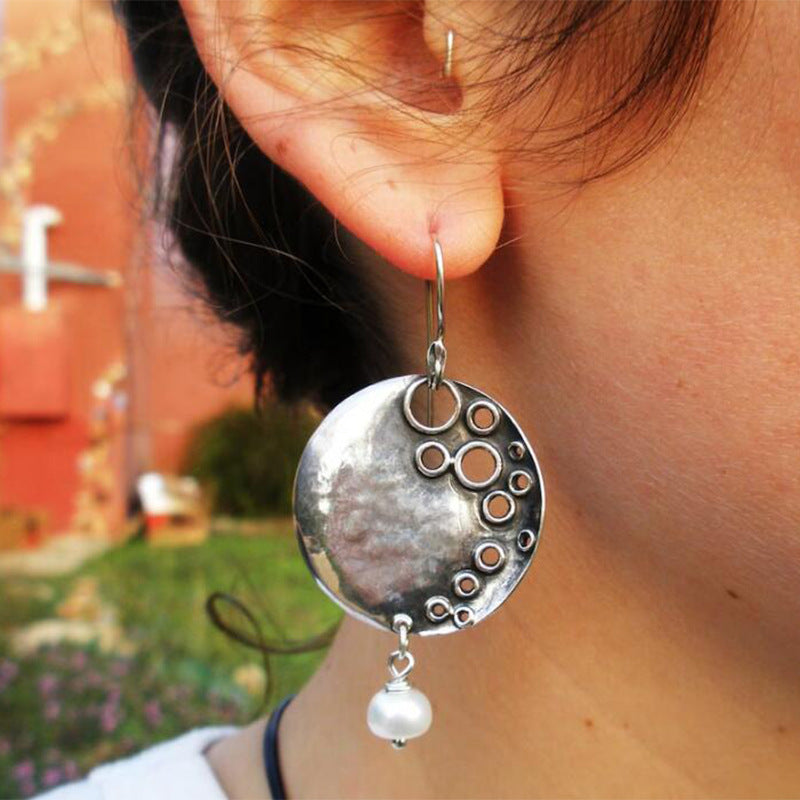 Artisan Circle Earrings - Hammered Silver Disc with Pearl Drop and Geometric Cut-Outs