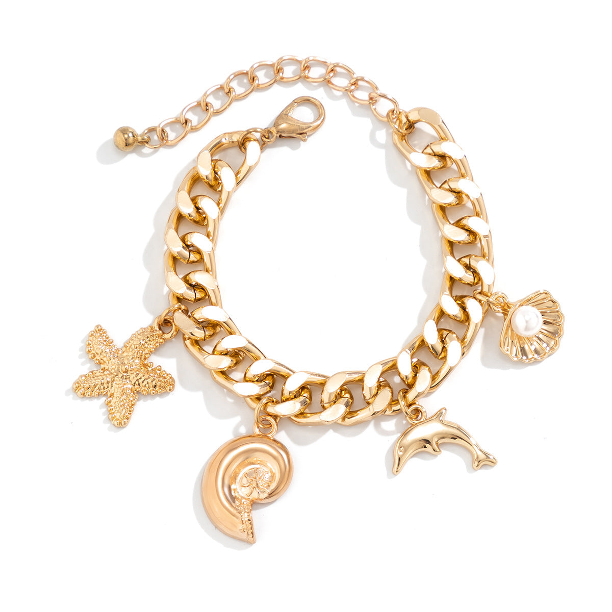 Beachy Charm Necklace & Bracelet - Gold Chain Jewelry with Moon, Star & Shell Dangles