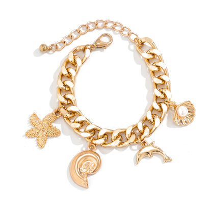 Beachy Charm Necklace & Bracelet - Gold Chain Jewelry with Moon, Star & Shell Dangles