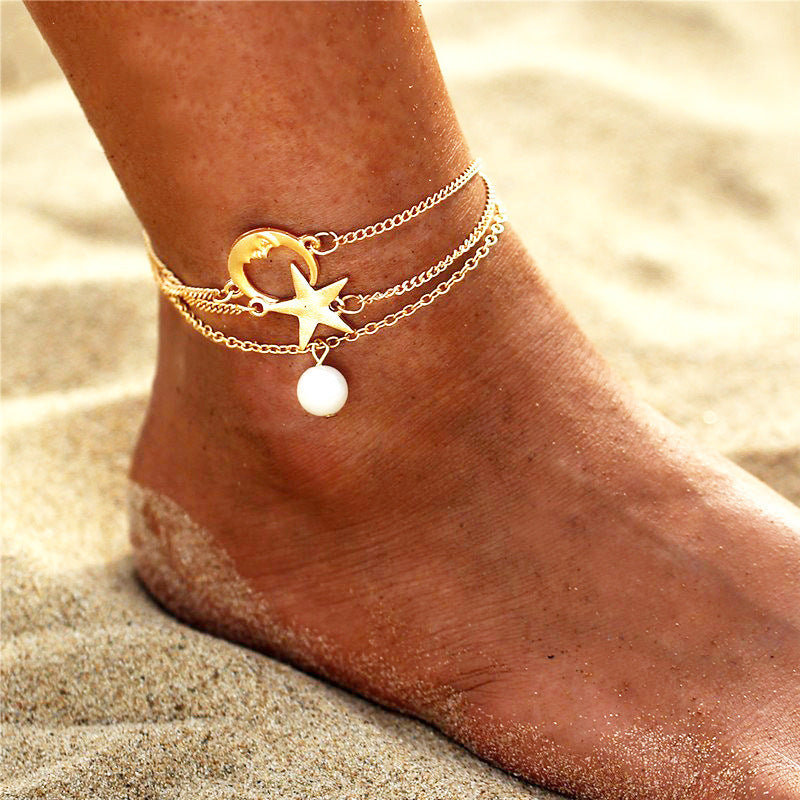 Celestial Anklet Stack - Triple Layer Moon, Star and Pearl Anklet Set