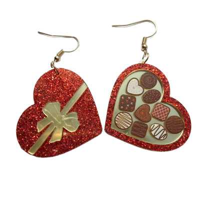 Heart Chocolate Box Earrings - Novelty Valentine's Day Earrings with Bow and Candy Design