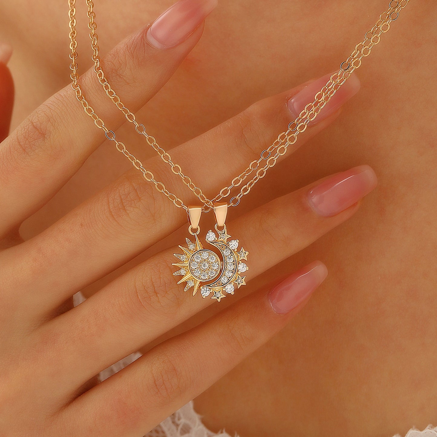 Sun and Moon Necklace Set - Best Friend Matching Necklaces with Crystal Accents (2 Pieces)