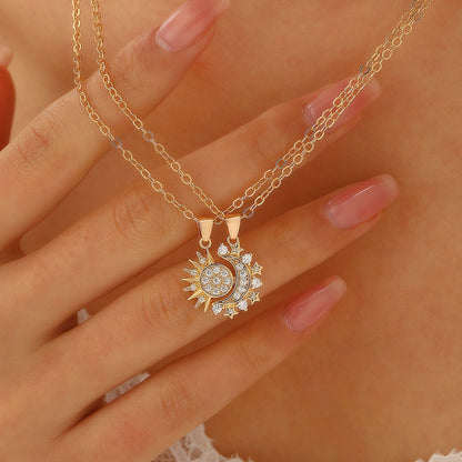 Sun and Moon Necklace Set - Best Friend Matching Necklaces with Crystal Accents (2 Pieces)