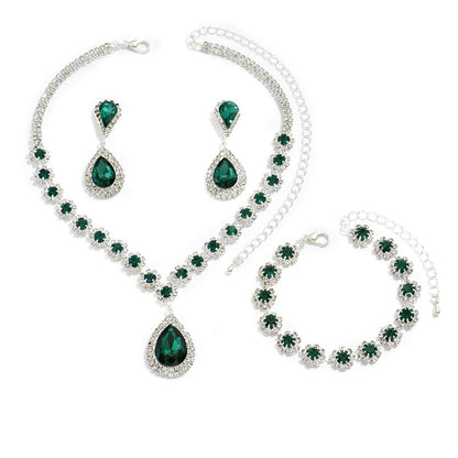 Emerald Crystal Jewelry Set - 4-Piece Teardrop Necklace, Earrings, Bracelet & Ring with Halo Accents