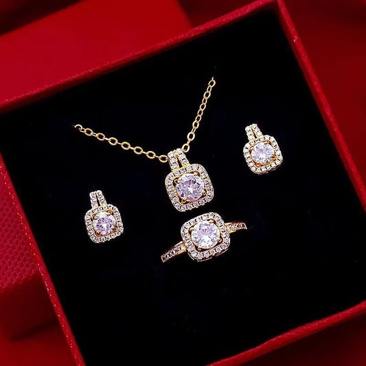 Crystal Jewelry Set - 3-Piece Halo Necklace, Earrings & Ring Set