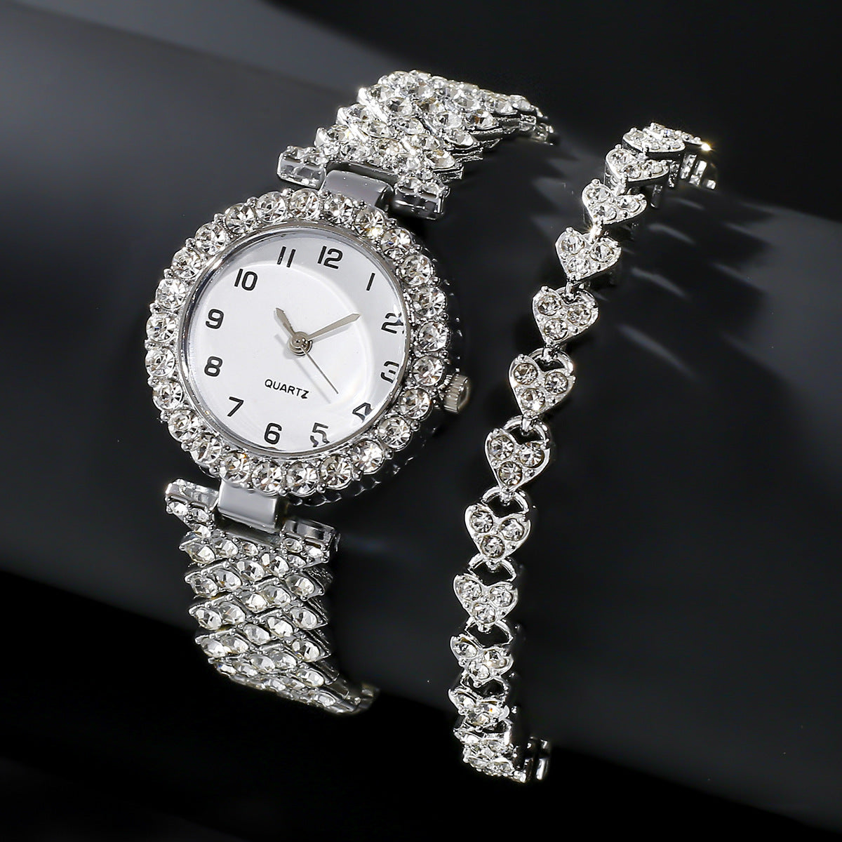 Crystal Watch & Bracelet Set - Pavé Bezel Quartz Watch with Heart Link Bracelet