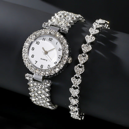 Crystal Watch & Bracelet Set - Pavé Bezel Quartz Watch with Heart Link Bracelet