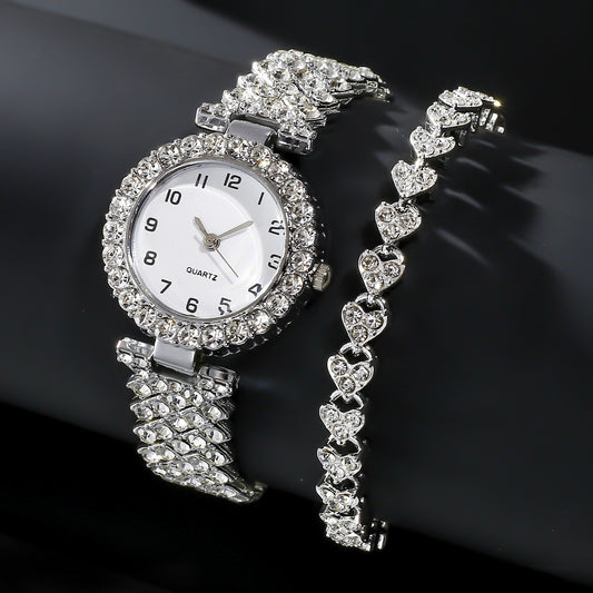 Crystal Watch & Bracelet Set - Pavé Bezel Quartz Watch with Heart Link Bracelet