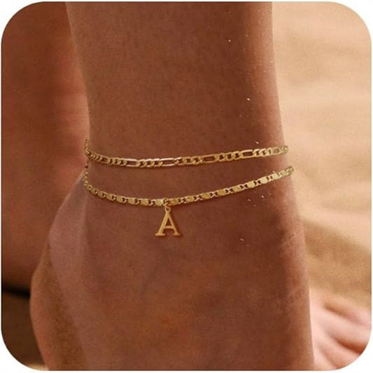 Personalized Initial Anklet Stack - Double Chain Gold Letter Anklet Set